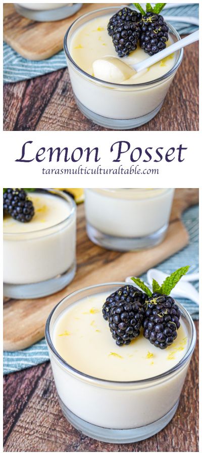 Lemon Posset in three glass cups with blackberries and fresh mint. Lemon Ladyfinger Desserts, Light Lemon Desserts Healthy, Limoncello And Basil Posset, Possette Recipe, Lemon Posset Recipe Mary Berry, Lemon Cup Desserts, Lemon Dessert In Lemon, British Lemon Desserts, Lemon Cream Dessert Recipes