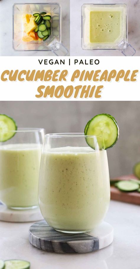 This Cucumber Pineapple Smoothie is sweet, refreshing, healthy and absolutely delicious! Made with frozen pineapple, cucumber, ginger and almond milk, it's like summer in a glass! Cucumber Fruit Smoothie, Cumcuber And Pineapple Smoothie, Cucumber Ginger Pineapple Smoothie, Cucumber And Pineapple Smoothie, Smoothies With Cucumber, Cucumber And Pineapple Detox Smoothie, Cucumber Drinks Healthy, Cucumber Ginger Smoothie, Cucumber Smoothie Recipes