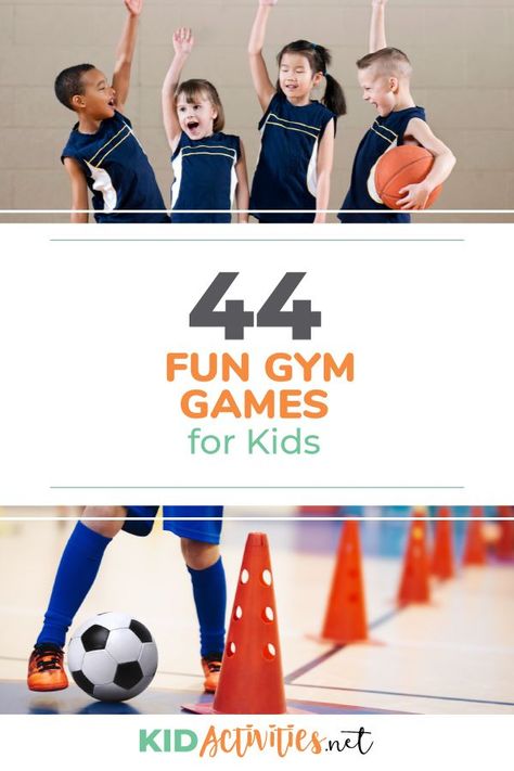 A collection of 44 fun gym games for kids. Great for filling your PE calendar. #kidactivities #kidgames #activitiesforkids #funforkids #ideasforkids Fun Gym Games, Pe Games For Kindergarten, Gym Class Games, Kids Gym Games, Gym Class Ideas, Fun Fitness Games, Fitness Games For Kids, Preschool Gym, Gym Games For Kids