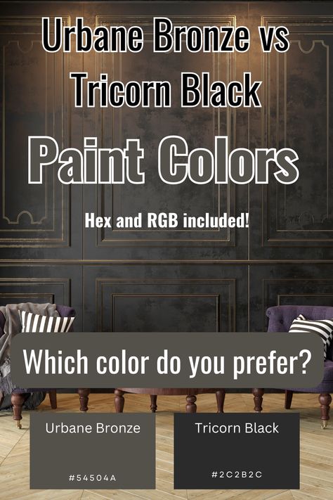 Urbane Bronze Vs Tricorn Black, Tricorn Black Color Palette Exterior, Urban Bronze Ceiling, Benjamin Moore Urban Bronze, Urbane Bronze Brick Fireplace, Iron Ore Vs Urbane Bronze, Urbane Bronze Office, Brown Black Paint Color, Colors That Go With Tricorn Black