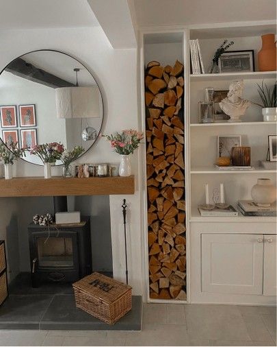 Alcove Storage Living Room, Firewood Storage Indoor, Alcove Ideas Living Room, Alcove Shelves, Log Burner Living Room, Built In Shelves Living Room, Ideal House, Cosy Kitchen, Autumn Home Decor