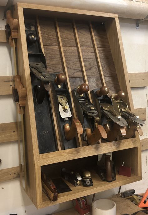 Hand Plane Till, Hand Plane Storage, Plane Till, French Cleat Tool Storage, Hand Tool Storage, Vintage Repurposed Items, Tool Wall Storage, Walnut Interior, Tool Cabinets