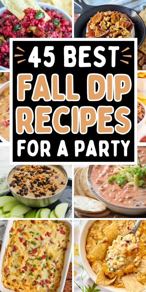 The best fall dip recipes for parties and potlucks, including warm dip and cold dip recipes that you can make ahead for a party, movie night, Halloween, or Thanksgiving. Easy Fall Potluck Ideas, October Appetizers, Fall Dips For Parties, Party Snacks For A Crowd, Savory Dip Recipes, Recipes For A Potluck, Bonfire Party Food, Fall Dips, Snacks For A Crowd