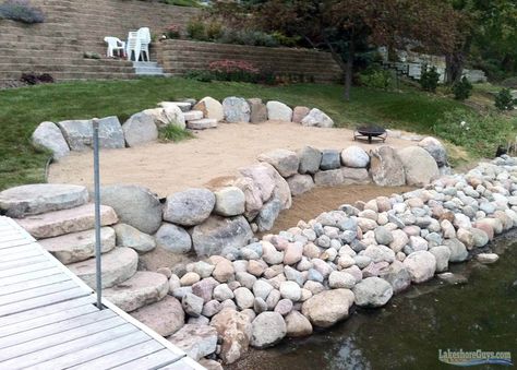 Lake Lot Landscaping Ideas, Shoreline Ideas, Amazing Landscaping Ideas, Lake Landscaping, Lake Dock, Lakefront Living, Stone Landscaping, Lakeside Living, Backyard Beach