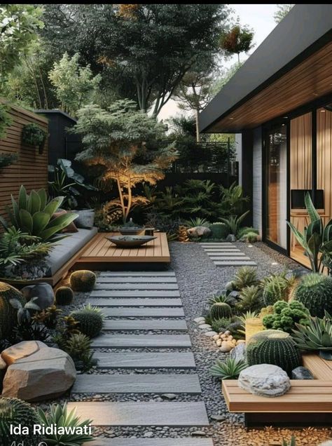 In Ground Planter Ideas, Home Outdoor Garden Ideas, Small Entrance Garden Ideas, Garden Inspo Small, Zen Landscaping Front Yard, Home Outdoor Garden, Different Garden Ideas, Ultra Modern Garden, Clean Backyard Ideas