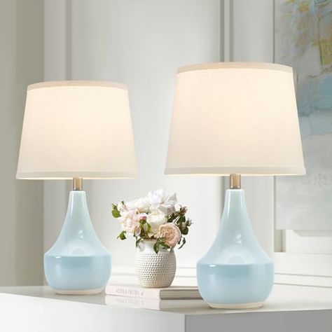 GyroVu Table Lamp Set of 2, 18.63” Ceramic Table Lamp Classic Beside Lamps Nightstand Lamp Modern Table Lamp for Living Room, Bedroom & Office Rocker Swtich Sky Blue-LED Bulbs Included Lamps Nightstand, Blue Lamp, Lamp For Living Room, Nightstand Lamp, White Lamp Shade, Lamp Set, Coastal Living Room, Lamp Modern, Ceramic Table Lamp