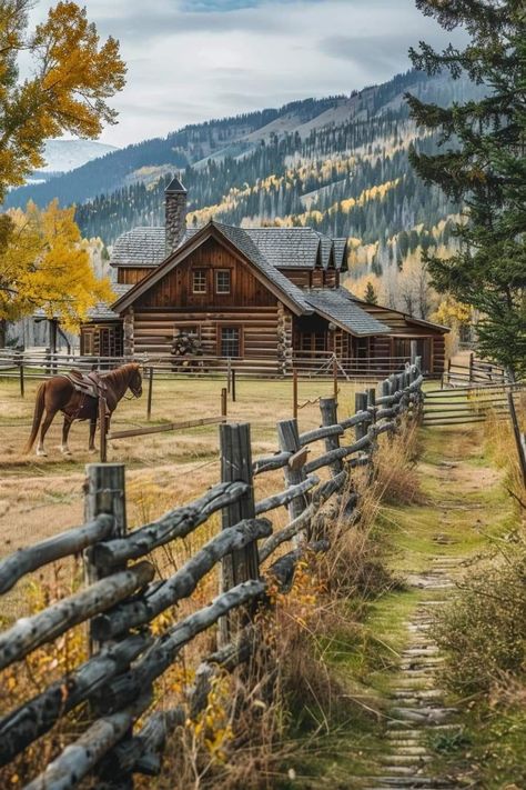 Mountain Homestead Aesthetic, Ranch In The Mountains, Autumn Cabin Woods, Cabin In A Field, Winter Cabin Aesthetic Exterior, Building Aesthetic, Cabin In The Mountains, Farm Pictures, American Houses