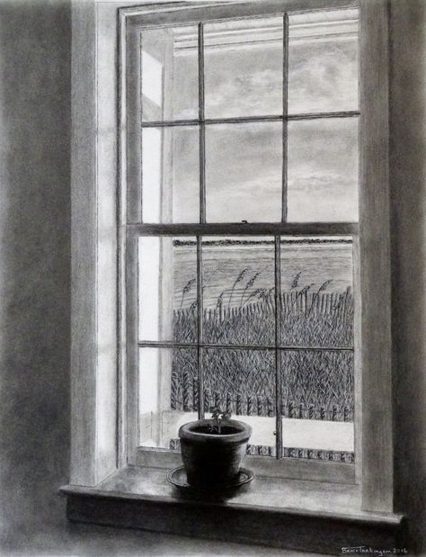 "Looking Out" is a 14"x17" charcoal drawing placing the observer inside the Cape Lookout keeper's house, looking out of the window over the water toward Shackleford Banks and the home of the Shackleford Banks wild horses. This drawing brings the true flavor of Cape Lookout right into the picture. You can't go and spend much time at any lighthouse without thinking about the people out of the past who had to climb all of those lighthouse stairs several times a night carrying five gallon buckets of Looking Out The Window Drawing Reference, Lighthouse Stairs, Nc Lighthouses, Window Sketch, Hatch Drawing, Face Sketches, Window Illustration, Art 101, Window Drawing