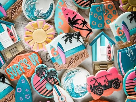 Surf Cookies Decorated, Surfer Cookies, Surf Cookies, Tropical Cookies, Surf Birthday, Tropical Birthday, Summer Cookies, Cookies Decorated, Cut Out Cookies