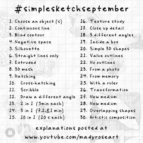 Line Art Challenge, Simple Art Prompts, September Drawing Challenge 2024, September Art Challenge 2024, Blob Drawing Challenge, Sketch Challenge For Beginners, Fall Drawing Challenge, September Art Prompts, September Sketchbook Ideas