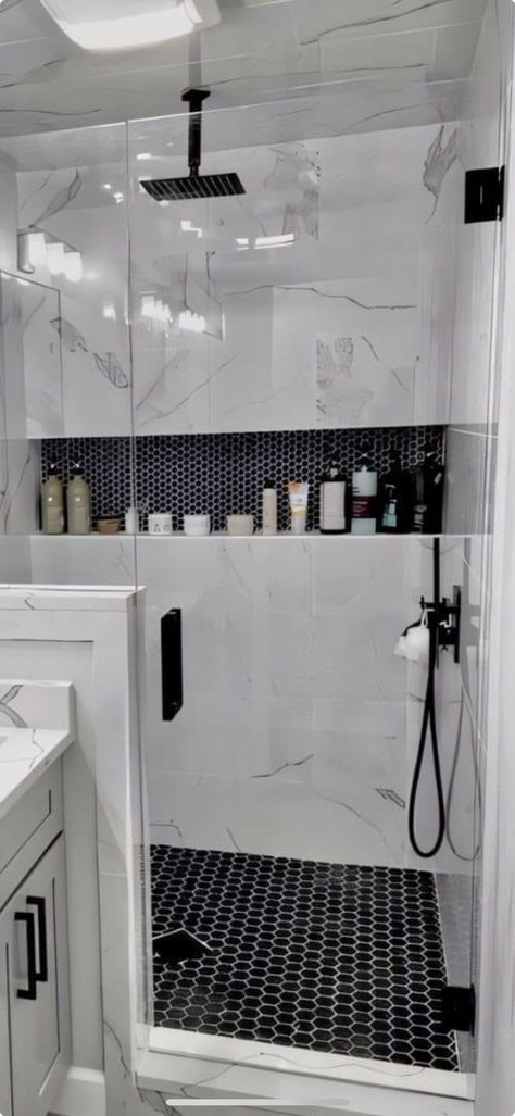 Ensuite Bathroom Renovations, Bathroom Ideas Colorful Tiles, Long Narrow Full Bathroom Layout, Half Bathroom Remodel Modern, White And Grey Bathroom With Tub, White And Black Shower Tile Ideas, Black Walkin Shower Ideas, Window In Bathroom Privacy, Large Curbless Shower Ideas