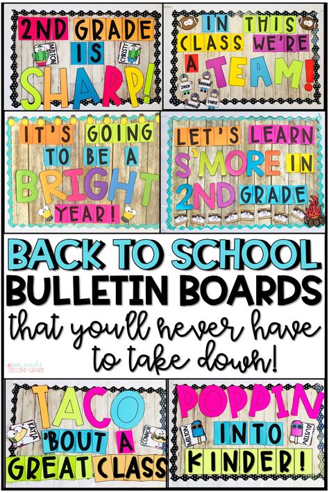 Back to school bulletin boards - these printable bulletin board sets make the beginning of the year prep so easy and simple! They are cute, colorful, and editable so you can include student names. No bulletin board? No problem! These make great classroom door decorations for your elementary classroom. Students will love the fun door decor greeting them each morning! Save time with these back to school bulletin board kits! Back To School Second Grade Bulletin Boards, Second Grade Classroom Bulletin Boards, Bulletin Board Ideas To Leave Up All Year, Welcome Back To School Bulletin Boards With Student Names, Simple Classroom Door Decor, Easy Door Decorations Classroom Simple, Welcome To 3rd Grade Bulletin Board, 5th Grade Welcome Back Bulletin Board, Welcome To 2nd Grade Bulletin Board