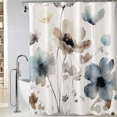 PRICES MAY VARY. 🌿Premium Fabric: Made by high-quality polyester fabric, the watercolor floral shower curtain is soft and comfortable, no fading, no odor. 🌿Waterproof: Good water resistance, effectively allows water to easily glide off and makes the blue and tan flower shower curtain dry quickly. 🌿Good Design: Adopting high-definition pattern printing technology, vibrant color and vivid, the extra long bathroom shower curtain has good light transmittance. 🌿Rustproof Hooks: 12 plastic hooks a Farmhouse Bathroom Decor Shower Curtains, Shower Curtains Ideas, Extra Long Shower Curtain, Cute Shower Curtains, Long Shower Curtains, Gray Bathroom Decor, Floral Shower Curtain, Flower Shower Curtain, Textile Factory