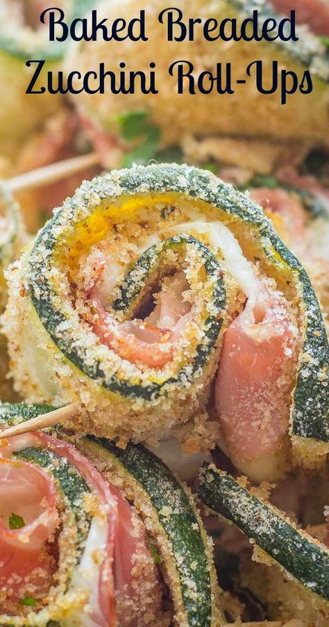 Baked Breaded Zucchini Roll-Ups are a Healthy Delicious Baked Appetizer, Side Dish or serve with a Salad and they make a yummy Main Dish. Breaded Zucchini, Zucchini Roll, Ham And Cheese Roll Ups, Zucchini Appetizer, Zucchini Rolls, Zucchini Cheese, Bake Zucchini, Savory Appetizer, Italian Recipes Authentic