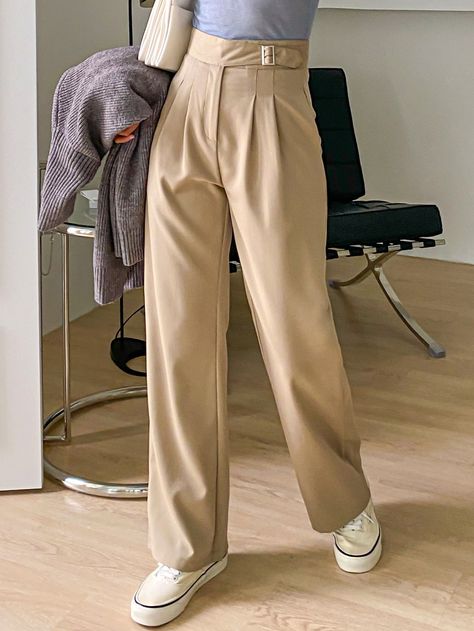 Khaki Elegant   Polyester Plain Straight Leg  Slight Stretch Spring/Summer/Fall Women Bottoms Pleated Straight Pants, Trousers Outfit Casual, Trouser Outfit, Women Bottoms, Cargo Pants Outfit, Uniform Pants, Fashion Goals, Cute Pants, Women Pants