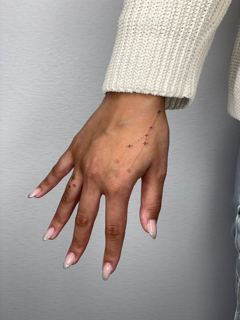 Taurus Constellation Tattoo Hand Tattoos For Women Constellation, Fine Line Taurus Constellation Tattoo, Capricorn Constellation Hand Tattoo, Virgo Star Constellation Tattoo Hand, Constellation Wrist Tattoo, May Constellation Tattoo, Virgo Constellation Tattoo Hand, Gemini Constellation Tattoo Hand, Taurus Tattoo Hand