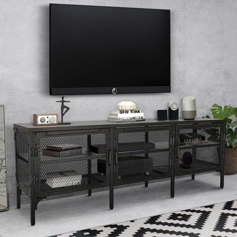 Black Metal Tv Stand, Metal Tv Table, Tv Stand Metal, Industrial Tv Console, Ikea Tv Console, Industrial Entertainment Center, Shelves Around Tv, 65 Inch Tv, Metal Tv Stand