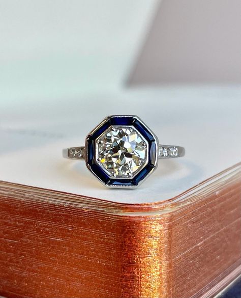 Art Deco Target Ring, Target Ring, Engagement Ring Blue Sapphire, Vintage Moissanite Engagement Ring, Blue Sapphire Wedding Ring, Engagement Ring Blue, European Cut Diamond Ring, Ring Blue Sapphire, Edwardian Engagement Ring