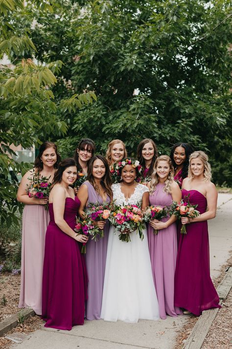 Pink Purple And Burgundy Wedding, Red Purple Bridesmaid Dresses, Lilac And Pink Bridesmaid Dresses, Purple Pink Bridesmaid Dresses, Fuschia Bridesmaid Dresses Color Schemes, Dark Purple And Pink Wedding, Pink And Purple Bridesmaids, Purple And Pink Bridesmaid Dresses, Fushia Bridesmaids