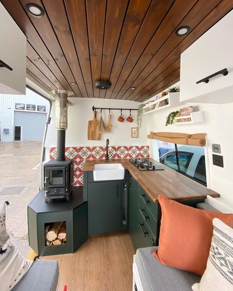 Hobbit small wood burning stove installed in a campervan Rv Wood Stove, Small Wood Burning Stove, Small Camper Vans, Small Wood Stove, Small Camper, Camper Interior Design, Campervan Conversion, Van Conversion Interior, Caravan Interior