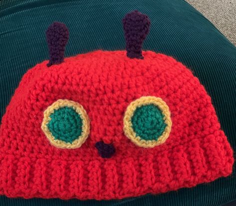 The Very Hungry Caterpillar Hat, Very Hungry Caterpillar Crochet Hat Pattern, Cavetown Crochet Hat, Silly Crochet Hats Free Pattern, Crochet Novelty Hats, Crochet Brain Hat, Crochet Hat Fun, Very Hungry Caterpillar Aesthetic, The Very Hungry Caterpillar Crochet