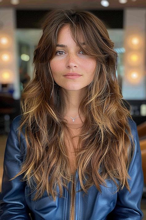 Must-Try Shag Haircuts and Hairstyles in 2024 Long Shag Haircut Balayage, Curtain Bangs Long Shag, Women Shaggy Haircut, Wolf Cut With Balayage, Slight Shag Haircut, Long Shag Layered Hair, Long Shag Round Face, Lions Mane Haircut Women, Medium Long Shag Haircut