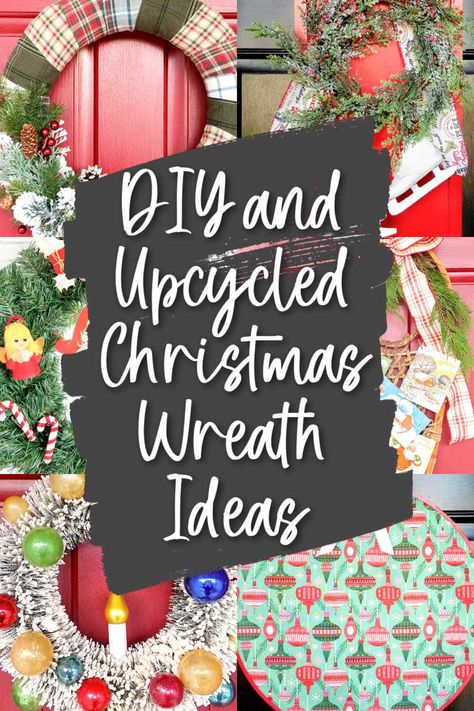 If an upcycled wreath is on your Christmas crafting To-Do list this year, perhaps one of these ideas will spark your creativity! From thrift store finds to all things upcycled and repurposed, these door decorations are festive and unique. Alternative Christmas Wreath Ideas, Diy Door Christmas Decorations, Upcycled Wreath Ideas, Christmas Repurpose Ideas, Unique Wreaths Christmas, Christmas Upcycle Decorations, I’ll Be Home For Christmas, Board Ideas For Pinterest List, Diy Front Door Christmas Decor