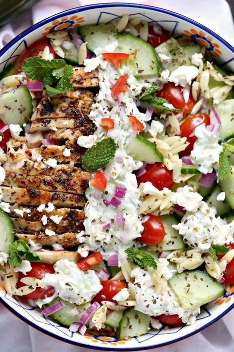 Healthy Mediterranean Bowl Recipes, Mediterranean Tzatziki Bowl, Greek Salad Couscous, Greek Chicken Bowls With Orzo, Tzatziki Chicken Bowl, Recipes High In Antioxidants, High Protein Mediterranean Bowl, Greek Tzatziki Bowl, Mederteranian Meal Prep