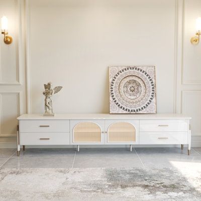 White And Brown Media Console, Luxury Tv Stand, White Media Console, Storage Tv Stand, Credenza Wood, Modern Media Console, Foot Design, Modern Farmhouse Bathroom Rug, Storage Credenza