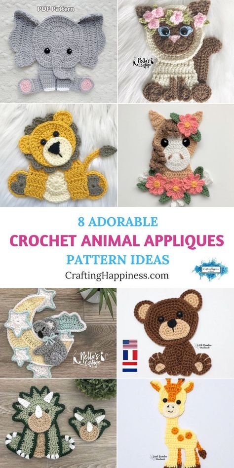 This collection of crochet animal appliques is perfect for baby blankets, pillows, and baby outfits. Patterns curated by Crafting Happiness. Crochet Animal Applique, Elephant Pumpkin, Pumpkin For Halloween, Crochet Project Free, Crochet Applique Patterns Free, Cushion Designs, Elephant Applique, Pumpkin Applique, Cat Applique