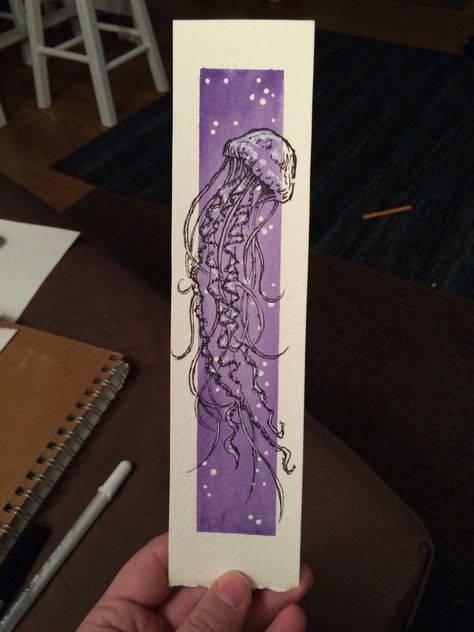 Drawn Bookmark Ideas, Bookmark Ideas Simple, Jellyfish Bookmark, Octopus Bookmark, Bookmarks Handmade Watercolor, Book Mark Art, Painting Projects For Kids, Handmade Bookmark Ideas, Aesthetic Art Quotes