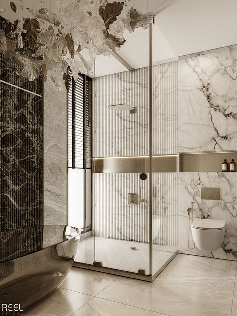 Toilet Interior Design Modern, Neo Classical Bathroom, Luxury Washroom Design, Master Bathrooms Luxury, Behance Interior, Luxurious Bathroom Design, Bathroom Luxury Design, Shower Luxury, Luxury Bathroom Master