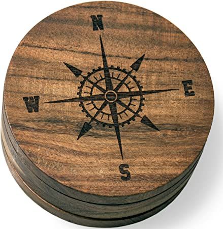 Compass Rose V2 (Nautical) Drink Coasters (Multiple Designs) - Engraved Acacia Wood Design - Set of Four Wood Burned Gifts, Rose Drink, Drink Coaster Design, Beach Coasters, Nautical Compass, Bar Coasters, New Homeowner Gift, Cnc Projects, Wood Works