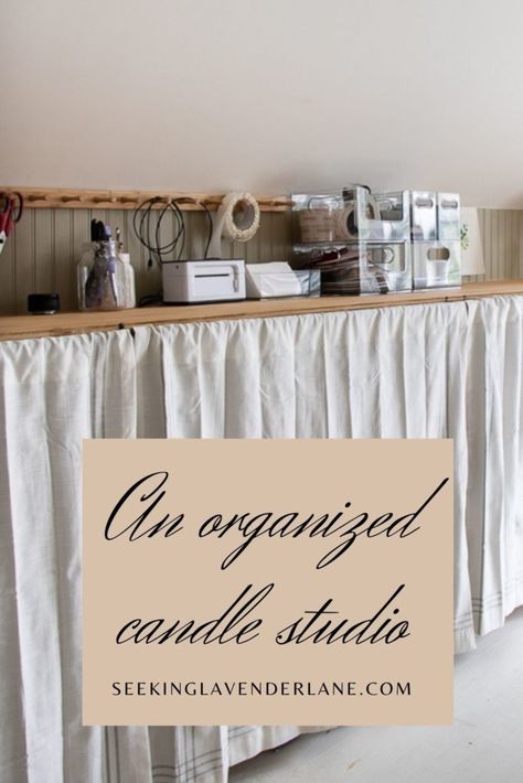 Home Candle Studio, Candle Making Room, Candle Making Studio, Seeking Lavender Lane, Candle Workshop, Candle Organization, Business Storage, Peg Hooks, Cleaning And Organizing