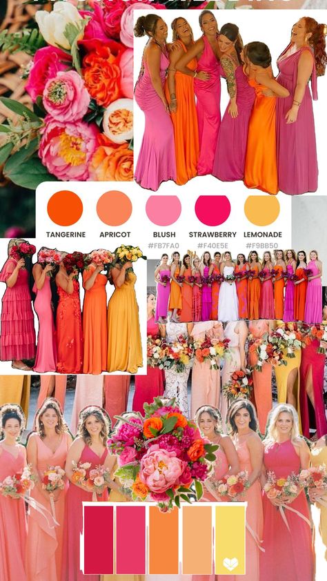 Sunset Wedding Colors, Bridesmaid Dress Color Schemes, Bridesmaid Color Scheme, Pink Purple Wedding, Orange Wedding Themes, Orange And Pink Wedding, Wedding Theme Color Schemes, Bride Shower, Bridesmaid Colors