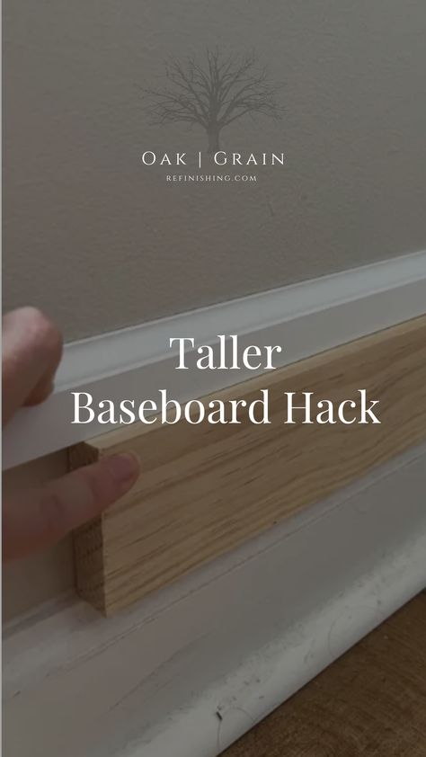 This has got to be the easiest, most budget friendly baseboard hack of all time. Want the illusion of thicker baseboards, but don’t want the hassle of tearing out all the old trim? Or not excited about the big dollar sign that comes with replacing all new baseboard trim? Well this no demo taller baseboard hack is for you! This post on how to make baseboards thicker WITHOUT demoing the existing trim ... Baseboard Trim Styles, Baseboards And Trim Ideas, Farmhouse Baseboards, Simple Baseboards, Base Board Trim, Diy Baseboards, Tall Baseboards, Modern Baseboards, White Baseboards