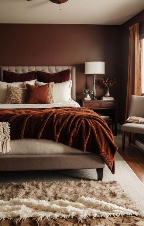 Just Decorate! | Warm colors ❤️ | Facebook Master Bedrooms Dark Carpet, Rust Colour Bedroom Decor, Burgundy And Orange Bedroom, Rust Orange And Cream Bedroom, Master Bedrooms Decor Burnt Orange, Burnt Orange Master Bedding, Deep Orange Bedroom, Cozy Earth Tone Bedroom Aesthetic, Rust Bedding Decor Bedroom