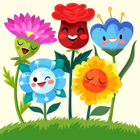 Vector hand drawn smiley face flowers il... | Premium Vector #Freepik #vector #flower-collection #hand-drawn-flowers #hand-drawn-plants #illustration-pack Flower Plant Illustration, Cute Flowers Illustration, Illustration Flower Art, Flowers Illustration Simple, Flower Cartoon Drawing, Simple Flower Illustration, Flower With Face, Cute Flower Illustration, Flowers With Faces