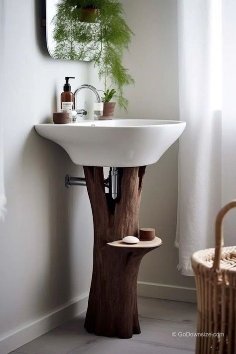 In another version of the design, a small area of the tree stump protrudes to make a small shelf for your soap and other small bathroom items. Diy Pedestal Sink Cabinet, Pedistool Sink, Pedestal Sink Bathroom Ideas, Pedestal Sink Storage Ideas, Pedestal Sink Cabinet, Pedistal Sink, Pedastal Sink, Diy Bathroom Sink, Pedestal Sink Storage