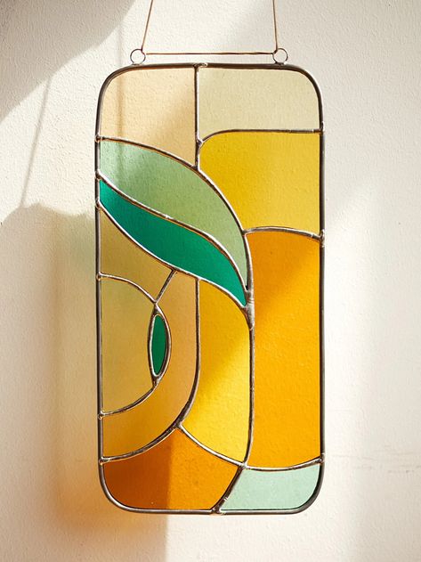 Retro Stained Glass Window Hangings 11x5 Inch, Modern Suncatcher, Glass Wall Hanging - Etsy Stained Glass Art Modern, Stained Glass Hanging Art, Stained Glass Window Home, Window Stained Glass Diy, Stained Glass Process, Stained Glass Wall Hanging, Stained Glass Mid Century Modern, Stained Glass Living Room, Stained Glass Panels Ideas