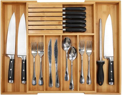 Kitchen Drawer Organiser, Wooden Drawer Organizer, Bamboo Silverware, Kitchen Drawer Dividers, Bamboo Kitchen Utensils, Knife Drawer, Flatware Drawer, Silverware Drawer Organizer, Utensil Drawer Organization