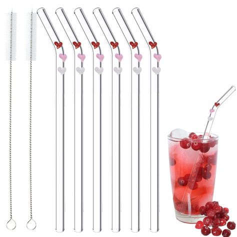 Cocktail Juice, Clean Dishwasher, Glass Straws, Valentines Day Decorations, Reusable Straw, Colorful Heart, Glass Material, Cute Pattern, Brush Cleaner