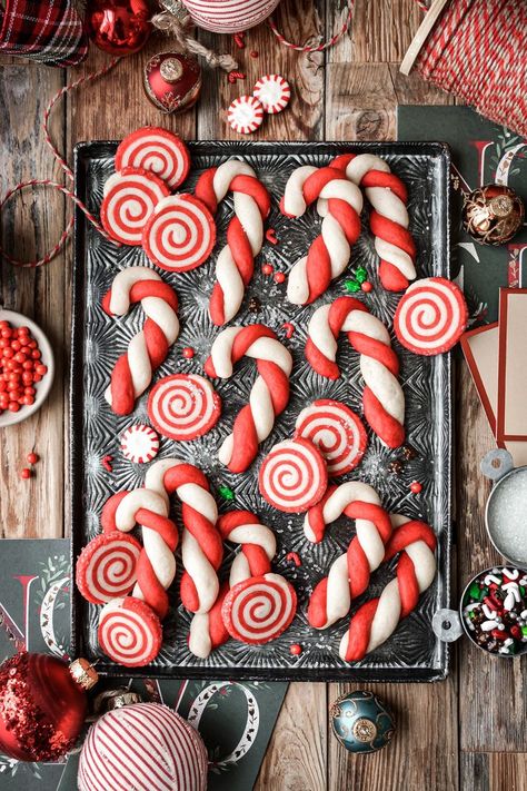 Old fashioned Christmas cookie recipes for candy cane cookies and red and white pinwheel cookies. These pretty holiday cookies are soft and buttery, and you can flavor them with vanilla, almond or peppermint extract. The whole family will love helping to make these! Candy Cane Christmas Cookies, Old Fashioned Christmas Candy, Candy Cane Cookie Recipe, Xmas Cookies Recipes, Candy Cane Dessert, Christmas Cookie Boxes, Christmas Cookie Box, Pinwheel Cookies, Cute Christmas Cookies