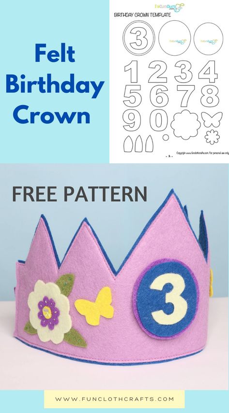 Felt Birthday Crown with free felt pattern | Purple felt crown with number 3 and a flower and butterflies Preschool Birthday Crown, Baby Crown Pattern, How To Make A Felt Crown, Diy 1st Birthday Crown, Crown Pattern Template Free Printable, Waldorf Birthday Crown Diy, Felt Crown Template, Diy Birthday Crown For Girl, How To Make A Birthday Crown