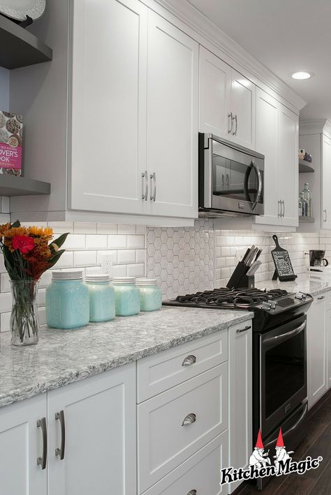 White cabinets are ultra-versatile, and when it comes to countertops, the pairing options are infinite. While boundless style opportunities are exciting, they can also be overwhelming. Our designers are here to help narrow down your choices and give you a few expert tips as to which countertop colors looks best with white cabinets.   #whitecabinets #kitchencountertops #quartzcountertop #cambriaquartz #cambriacountertops #coriansolidsurface #coriancountertop #granitecountertop #whitecountertop White Kitchen Cabinets With Laminate Countertops, Kitchen Counter With White Cabinets, Best Color Countertop For White Cabinets, What Countertops Go With White Cabinets, White Cabinets With Darker Countertops, Best Quartz Color For White Cabinets, Counters For White Cabinets, White Kitchen Cabinets And Countertops, Laminate Countertops With White Cabinets