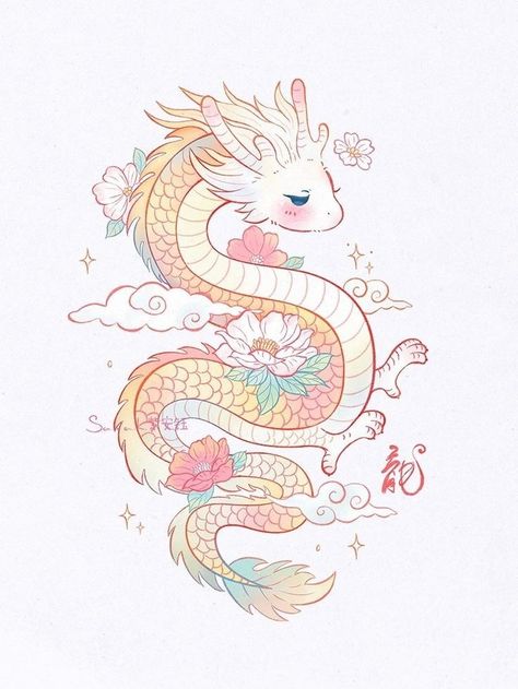 Cute Chibi Tattoos, Kawaii Dragon Tattoo, Cute Dragon Drawing Kawaii, Cute Animal Chibi, Cute Dragon Illustration, Dragon Drawing Sketches, Cute Chinese Dragon, Baby Dragon Art, Kawaii Dragon