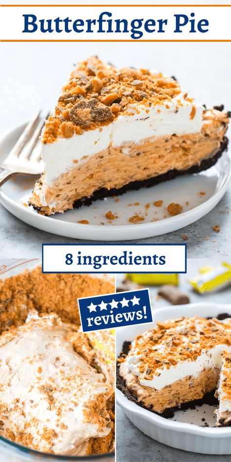 Butterfinger pie has an oreo crust, creamy butterfinger filling, and whipped cream topping with crushed butterfingers! This no bake dessert is made with 8 ingredients and it’s fully prepared and ready to chill in under 20 minutes! One of the best no bake pie recipes! #butterfingerpie #nobakepie #nobakedessert #butterfingerdessert No Bake Pie Recipes, Butterfinger Dessert Recipes, 2023 Desserts, Butterfinger Pie Recipe, Butterfinger Dessert, Butterfinger Recipes, Butter Finger Dessert, Butterfinger Pie, No Bake Pie