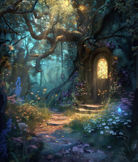 Eingang Baumhaus, Fantasy, Wald von ARTelierDigital auf Etsy Magical Forest Mural, Fae Wild Landscape, Magic Forest Concept Art, Maleficent Forest, House In A Forest, Magical Woods, Mythical Forest, Ethereal Forest, Dream Forest