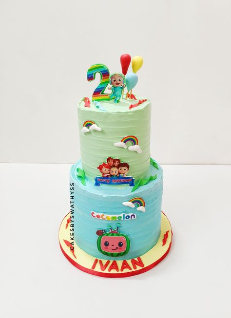 Cocomelon theme cake two tier Cocomelon Theme Cake, 2 Tier Birthday Cake, Birthday Cake For Boys, Birthday Cake For Kids, Cake For Boy, Tier Birthday Cake, Boy 2nd Birthday, Cocomelon Theme, Cake For Kids