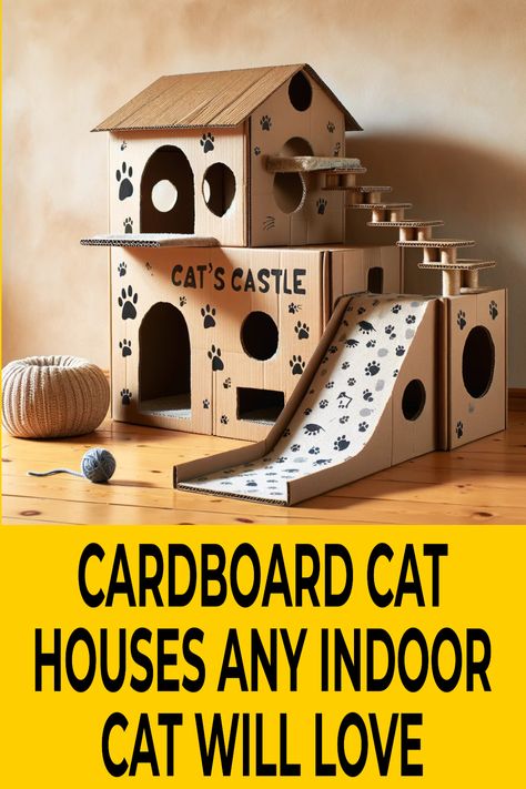 Cardboard cat houses are the perfect place for your cat to rest and play. A cardboard cat house can fit any budget, they are sustainable, environmentally friendly and your cat will love them. Cardboard Box Cat House Diy Ideas, Diy Cat House Indoor Cardboard, Diy Heated Cat House, Cat Castle Diy Cardboard Boxes, Diy Cat Cardboard House, Cardboard Box Cat House Diy, Diy Cat House Cardboard, Cardboard House For Cats, Cat Cardboard Box Ideas